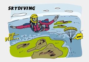 Illustrazione disegnata a mano di vettore comica di paracadutismo