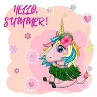 carino cartone animato unicorno vestito come un' hula ballerino, Hawaii, pronto per partire carattere. estate, mare, palma alberi, spiaggia. vettore