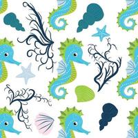 carino cavallucci marini cartone animato senza soluzione di continuità modello. mano disegnato oceano animali. nautico spiaggia, mare vita divertimento subacqueo vettore