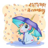 carino unicorno con un ombrello, è pioggia, giallo le foglie e il iscrizione autunno è In arrivo. vettore