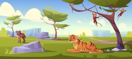 savana paesaggio con tigre, scimmie e sciacallo