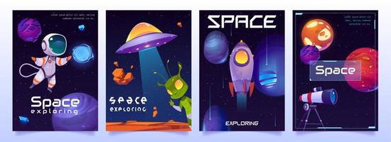 spazio esplorando cartone animato banner con carino alieno vettore