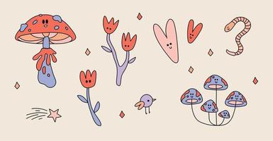 divertente retrò adesivi di psichedelico Groovy estetico. Vintage ▾ cartone animato impostato di funghi, fiori, uccello, verme, stelle, e cuori. impaurito 60s - 70s elementi vettore