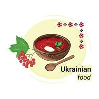 piatto di nazionale ucraino cucina, borscht nel un' argilla piatto, di legno cucchiaio, piatto vettore, isolato su bianca, iscrizione ucraino cibo vettore