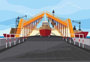 Illustrazione del cantiere navale sul lavoro e nave attraccante vettore