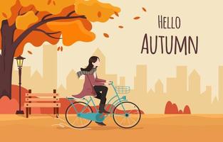 donna cavalcata bicicletta a il parco su autunno vettore