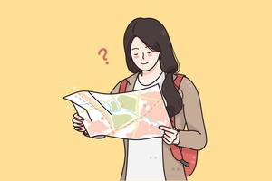 in viaggio, turismo, vacanze concetto. giovane sorridente ragazza viaggiatore turista in piedi con carta geografica e provando per capire dove per partire vettore illustrazione