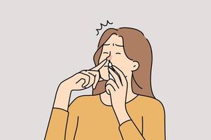 malsano donna soffrire a partire dal rinite mettere medico gocce in naso. indisposto femmina con che cola naso prendere farmaco. vettore illustrazione.