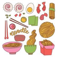 asiatico tagliatelle ingredienti impostare. giapponese, Cina cucina. ciotola e carta scatola cibo Creatore. vettore lineare mano disegnato illustrazione.