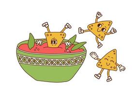 nachos retrò cartone animato personaggi avendo divertimento. nacho tuffo nel ciotola. nacho portafortuna design. peperoncino immersione. salsa salsa tazza. messicano cibo festa. contorno mano disegnato vettore illustrazione.