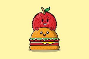 carino lychee cartone animato personaggio nascondiglio nel hamburger vettore