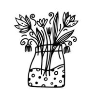 fiori nel un' vaso vettore icona. mano disegnato semplice scarabocchio isolato su bianca sfondo. fiori selvatici nel un' bicchiere vaso con acqua. prato erbe aromatiche, tulipani, margherite con le foglie. clipart per carte, inviti