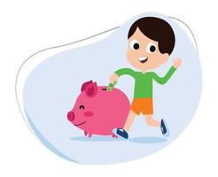 cartone animato personaggio di ragazzo Salvataggio i soldi nel maiale porcellino banca. imparare per investire. semplice investimento concetto per bambini Salvataggio nel il banca vettore