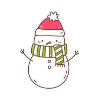 carino pupazzo di neve nel un' un' Santa cappello e sciarpa isolato su bianca sfondo. vettore disegnato a mano illustrazione nel scarabocchio stile. kawaii carattere. Perfetto per carte, decorazioni, logo e Natale disegni.