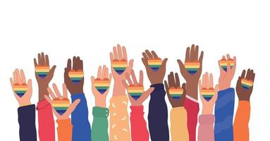 umano mani Tenere arcobaleno transgender e lgbt bandiere durante orgoglio mese o giorno celebrazione o parata. piatto vettore illustrazione