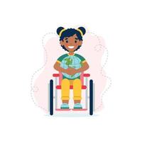 carino sorridente nero ragazza nel sedia a rotelle Tenere globo. concetto di formazione scolastica, sociale adattamento, viaggio di persone con disabilità. pari opportunità. inclusività. vettore illustrazione