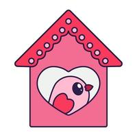 kawaii San Valentino giorno icona birdhouse con un' uccello. amore simbolo nel il alla moda pop linea arte stile. il carino uccello con cuore è nel morbido rosa, rosso, e corallo colore. vettore illustrazione isolato.