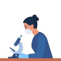 donna scienziato è guardare attraverso un' microscopio. chimica laboratorio specialista Lavorando su ricerca e esplorazione, seduta a il tavolo nel potente maschera. vettore illustrazione.
