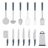 cucina utensili, impostare. mestolo, spatola, frusta, schiumarola, cucchiaio, grattugia, cucina ascia, coltello, vettore illustrazione isolato.