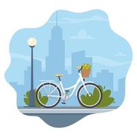 carino bicicletta su città silhouette sfondo. bicicletta concetto illustrazione per App o sito web. moderno trasporto. piatto stile vettore illustrazione.