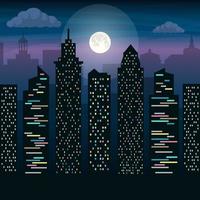 il grattacieli di il grande città nel chiaro di luna. notte città paesaggio. vettore piatto illustrazione.