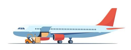 carico aereo, lato Visualizza. carico mezzi di trasporto di aereo. Caricamento in corso bagaglio scomparto aereo. caricatore preparazione per caricare il scatole in il bagaglio scomparto di il aereo. vettore illustrazione.