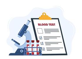 medico sangue test concetto. chimico laboratorio analisi. paziente sangue nel test tubi, microscopio, esame lista di controllo vuoto documento. striscione, volantino, atterraggio pagina. vettore illustrazione.