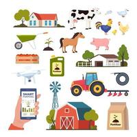 azienda agricola elementi. azienda agricola edifici, domestico animali, trasporto, inventario. scene e elementi su azienda agricola tema. smartphone con App per controllo impianti in crescita, agricolo automazione. vettore illustrazione.