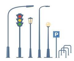 città e all'aperto elementi. impostato di urbano oggetti. strada lampade, traffico luce, bicicletta parcheggio. vettore illustrazione.