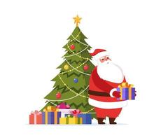 carino Santa Claus personaggio con regalo nel il suo mani e decorato Natale albero dietro a lui. allegro Natale e contento nuovo anno carta, striscione. vettore illustrazione.