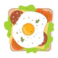 crostini con fritte uovo e verdure. Sandwich con pane, uovo, formaggio, pomodoro, salsiccia, erbe aromatiche e spezie. migliore per prima colazione. vettore illustrazione.