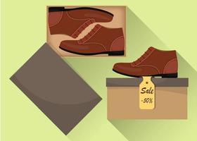 elegante moderno maschio scarpe nel scatola, lato Visualizza. vendita con un' sconto di 50 per cento. uomo S casuale scarpe. illustrazione per un' scarpa negozio. vettore piatto illustrazione.