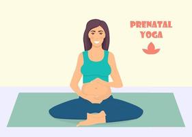 incinta donna fare yoga esercizi su il stuoia. incinta donne nel lotos posa. prenatale yoga. vettore illustrazione nel piatto stile.