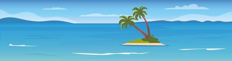 tropicale isola nel il oceano con palme. mare superficie, montagne su il orizzonte, onde. estate vacanza vacanza. piatto vettore illustrazione.