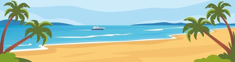 spiaggia paesaggio con mare e palme, estate sfondo. il riva del mare, montagne su il orizzonte, un' barca andare in barca su il mare. vettore illustrazione.