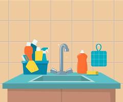 cucina lavello. pulito Lavello con stoviglie, moderno mobilia e utensili. lavaggio piatti cucina lavello, vettore illustrazione.