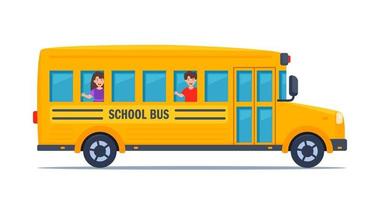 scuola autobus e contento bambini. bambini nel giallo classico scuola autobus. lato Visualizza. americano formazione scolastica. indietro per scuola. vettore illustrazione.