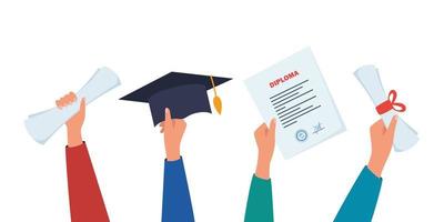 mani Tenere diplomi, la laurea berretto e certificati. festeggiare diplomato a partire dal Università, Università. vettore illustrazione.