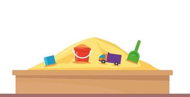 sandbox con mucchio di sabbia e bambini giocattoli nel piatto stile. sabbiera con bambini pala, secchio e auto su mucchio di giallo polvere. vettore illustrazione.