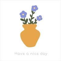 disegnato a mano isolato clip arte illustrazione di accogliente giallo vaso con blu fiori vettore
