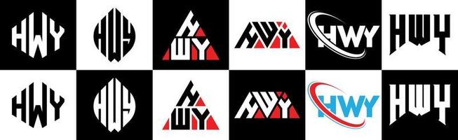 hwy lettera logo design nel sei stile. hwy poligono, cerchio, triangolo, esagono, piatto e semplice stile con nero e bianca colore variazione lettera logo impostato nel uno tavola da disegno. hwy minimalista e classico logo vettore