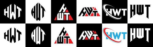 hwt lettera logo design nel sei stile. hwt poligono, cerchio, triangolo, esagono, piatto e semplice stile con nero e bianca colore variazione lettera logo impostato nel uno tavola da disegno. hwt minimalista e classico logo vettore