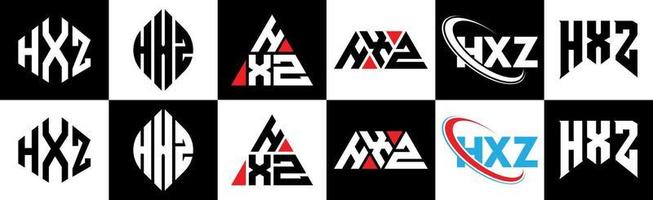 hxz lettera logo design nel sei stile. hxz poligono, cerchio, triangolo, esagono, piatto e semplice stile con nero e bianca colore variazione lettera logo impostato nel uno tavola da disegno. hxz minimalista e classico logo vettore
