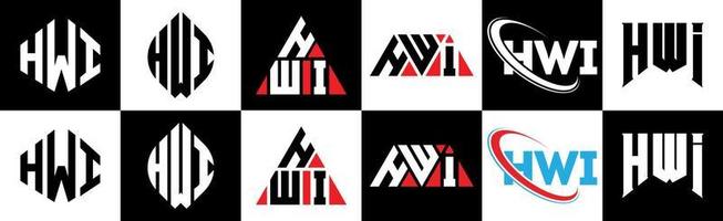 hwi lettera logo design nel sei stile. hwi poligono, cerchio, triangolo, esagono, piatto e semplice stile con nero e bianca colore variazione lettera logo impostato nel uno tavola da disegno. hwi minimalista e classico logo vettore
