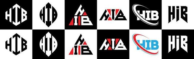 hib lettera logo design nel sei stile. hib poligono, cerchio, triangolo, esagono, piatto e semplice stile con nero e bianca colore variazione lettera logo impostato nel uno tavola da disegno. hib minimalista e classico logo vettore