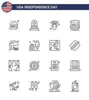 16 Stati Uniti d'America linea segni indipendenza giorno celebrazione simboli di casco americano americano sicurezza cartello modificabile Stati Uniti d'America giorno vettore design elementi