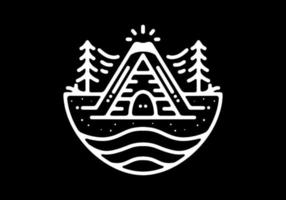 legna cabina, montagna e pino albero nero e bianca linea arte mono linea tatuaggio vettore