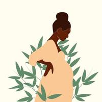 nero incinta donna con natura e le foglie sfondo. concetto vettore illustrazione nel minimo stile. eps 10.