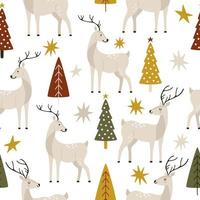 disegnato a mano grigio cervo con Natale alberi e astratto arredamento nel scandinavo stile. senza soluzione di continuità vettore modello con selvaggio animali per sfondo o involucro carta per nuovo anno e Natale inverno vacanze