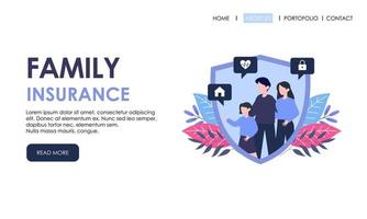 famiglia assicurazione atterraggio pagina modello. assicurazione, assistenza sanitaria concetto bandiera vettore
